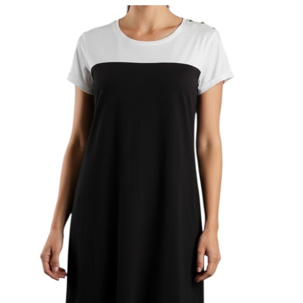 NICOLE MILLER Black & White SLUB KNIT T-SHIRT DRESS Gold Buttons @Shoulders SZ L